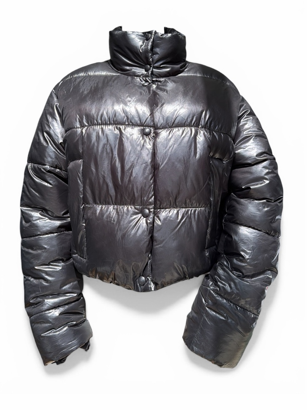 Zara Black Cropped Puffer Jacket Glossy Finish